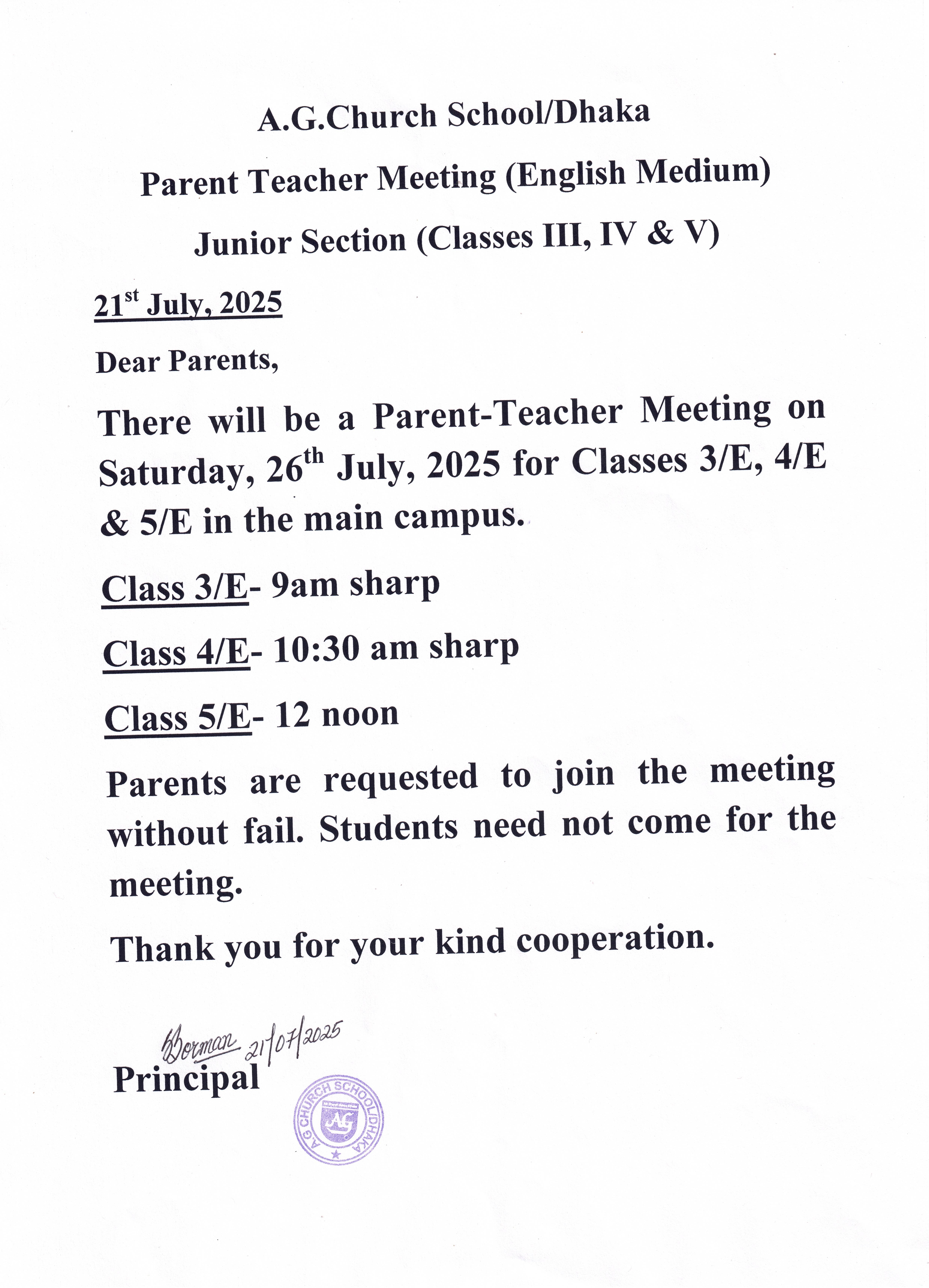 Parent Teacher Meeting (English Medium) Junior Section, Class III, IV & V